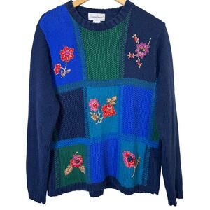 Vintage Sweater Womens Medium Floral Embroidered Chunky Cotton Ramie Patchwork